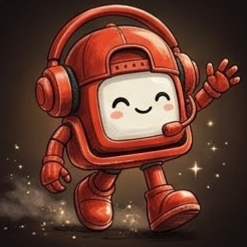 MiOSbot, a friendly red robot with headphones and a backwards cap, walking and waving